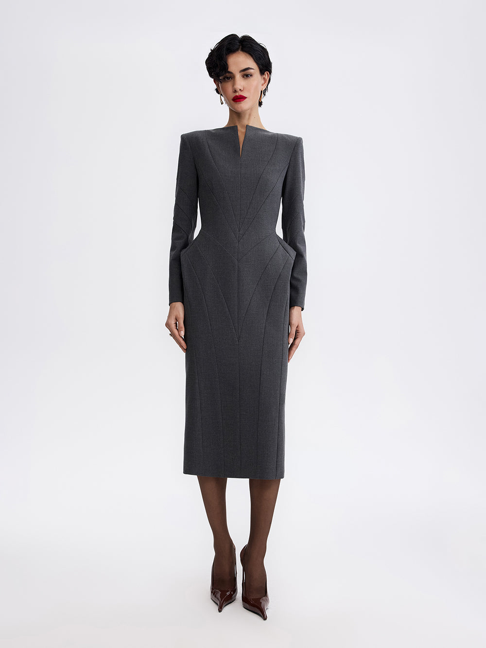 PRAS sculpted sheath dress in grey, front, full length