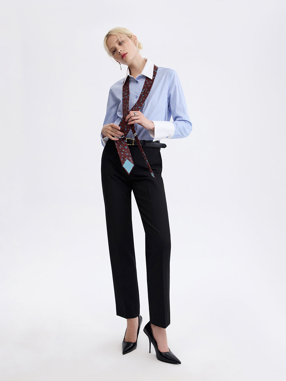PRAS low-rise slim trousers, styled with a printed tie