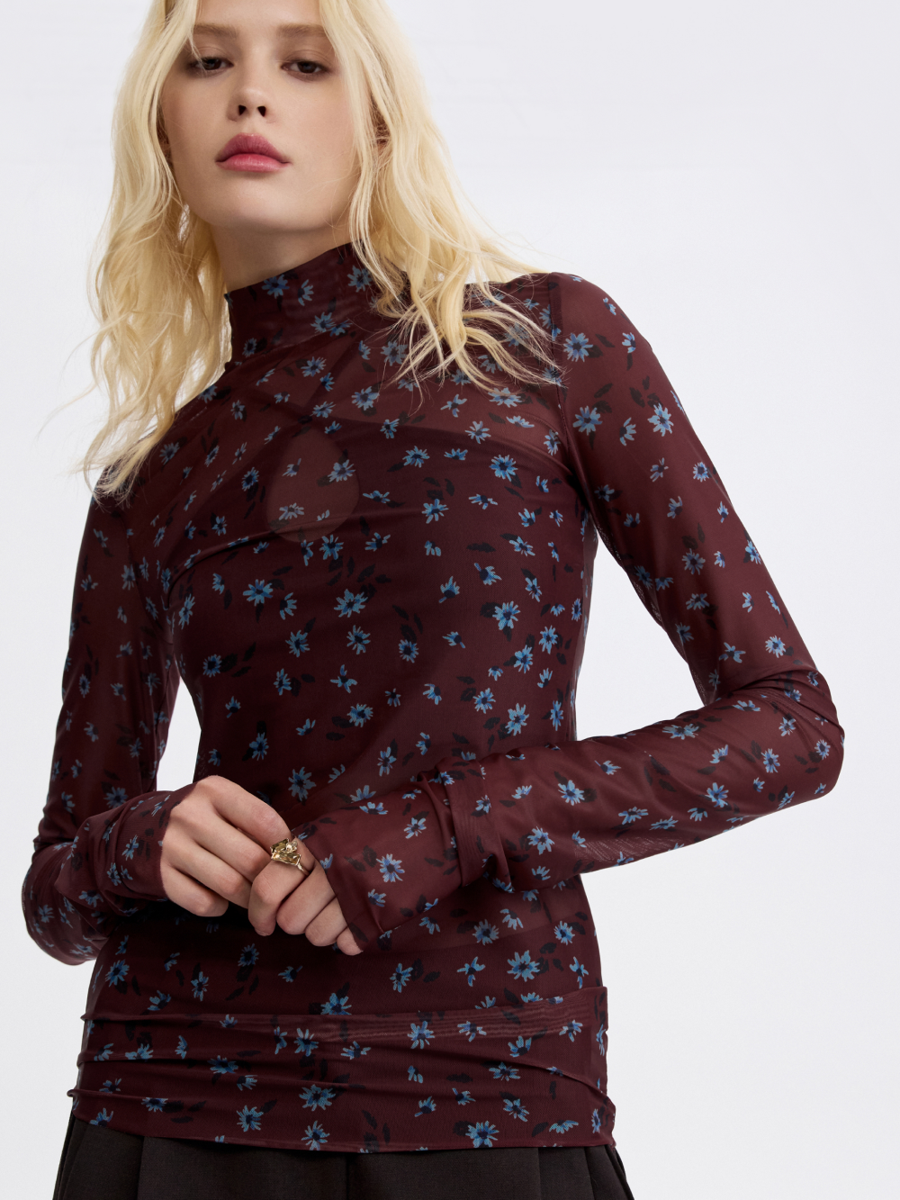 PRAS printed mesh top in brown floral, neckline and print