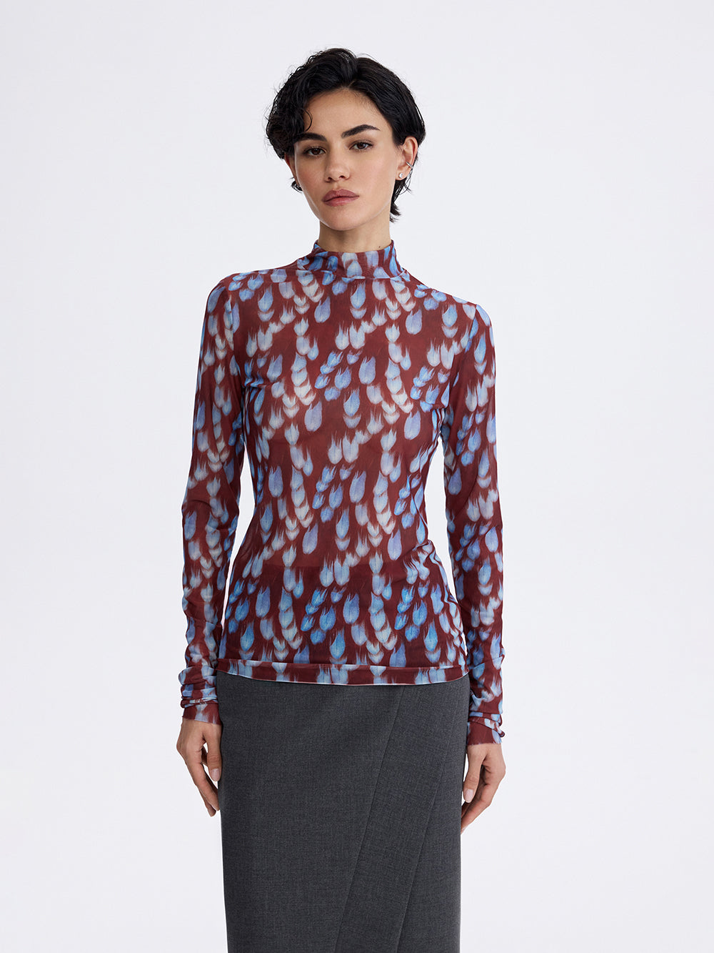 PRAS printed mesh top in burgundy and blue, front