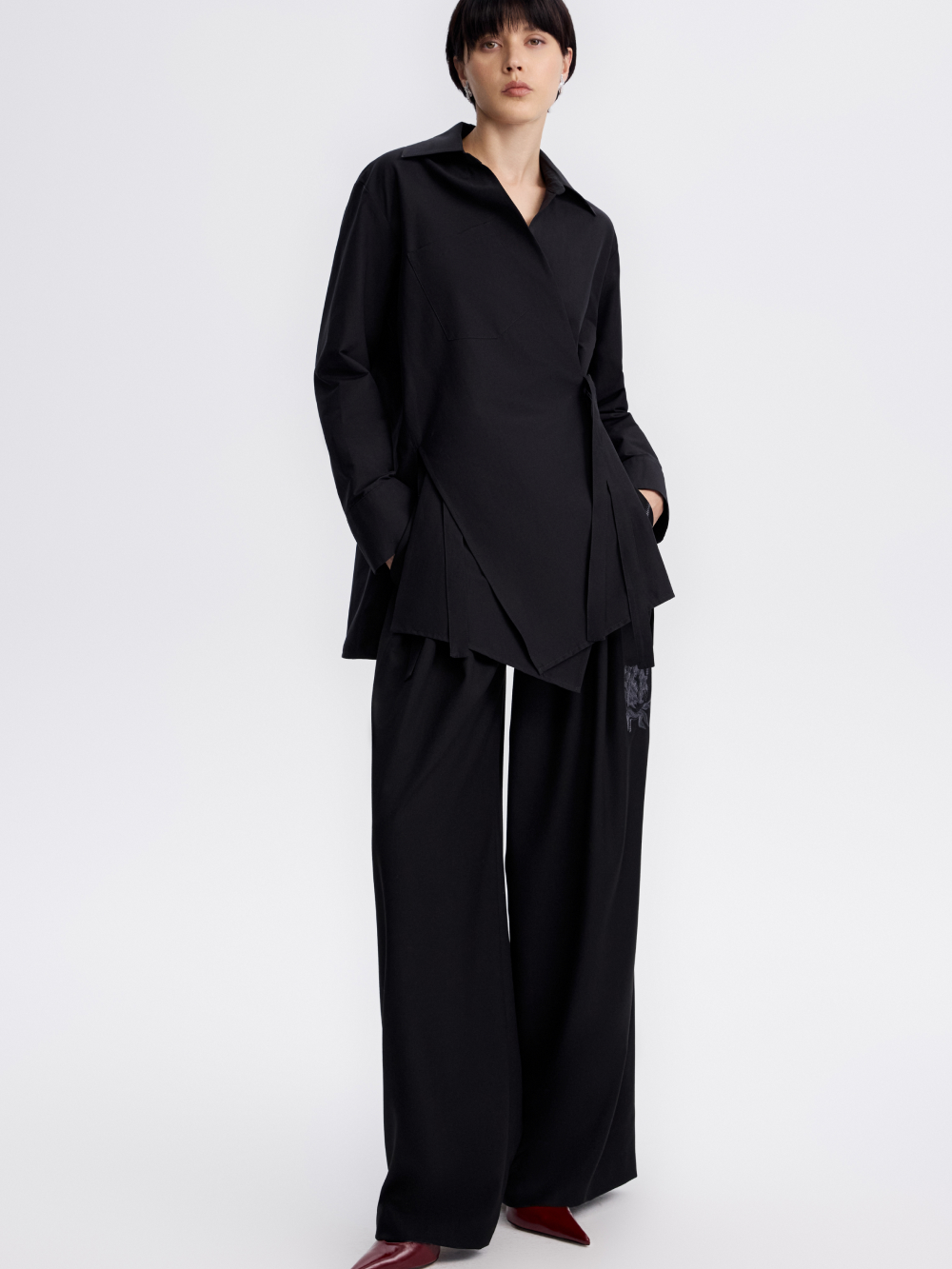 PRAS wrap shirt, side, full length