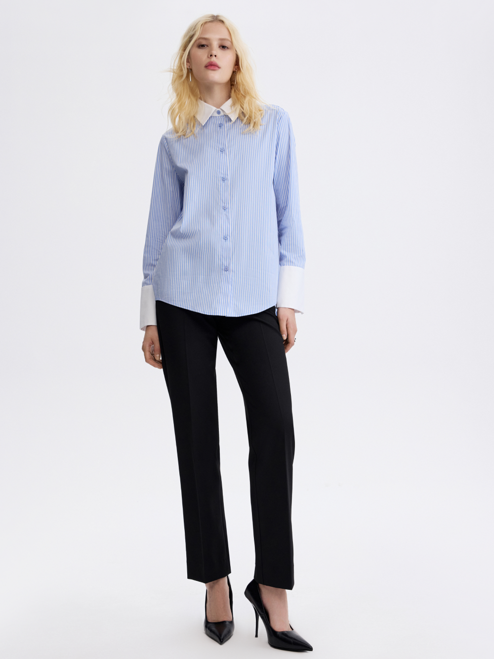 PRAS contrast collar shirt in blue stripe, front, full length