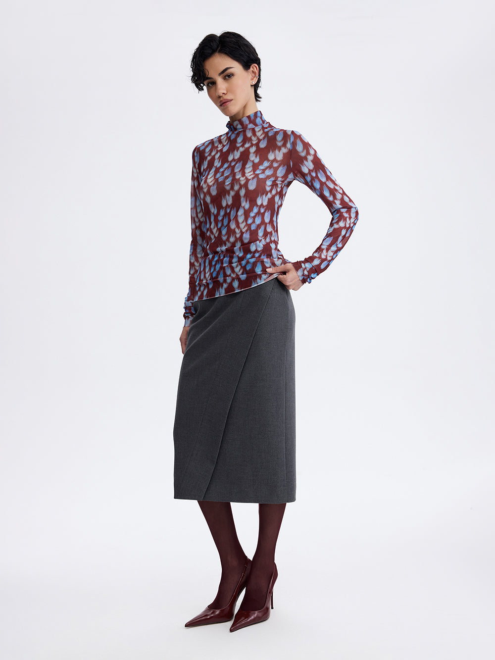 PRAS printed mesh top in burgundy and blue, with pencil skirt