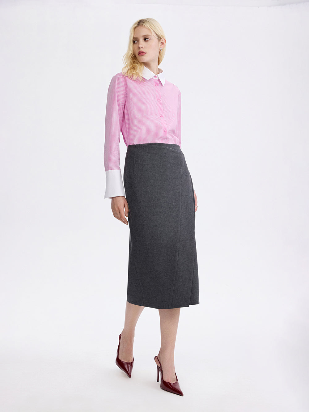 PRAS contrast collar shirt in pink check, with pencil skirt