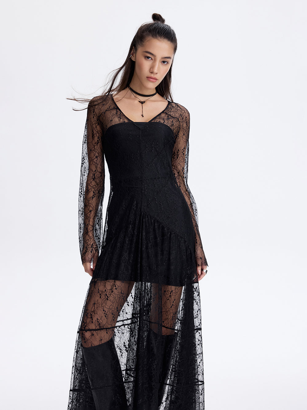 PRAS lace panel dress, front with lace sleeves