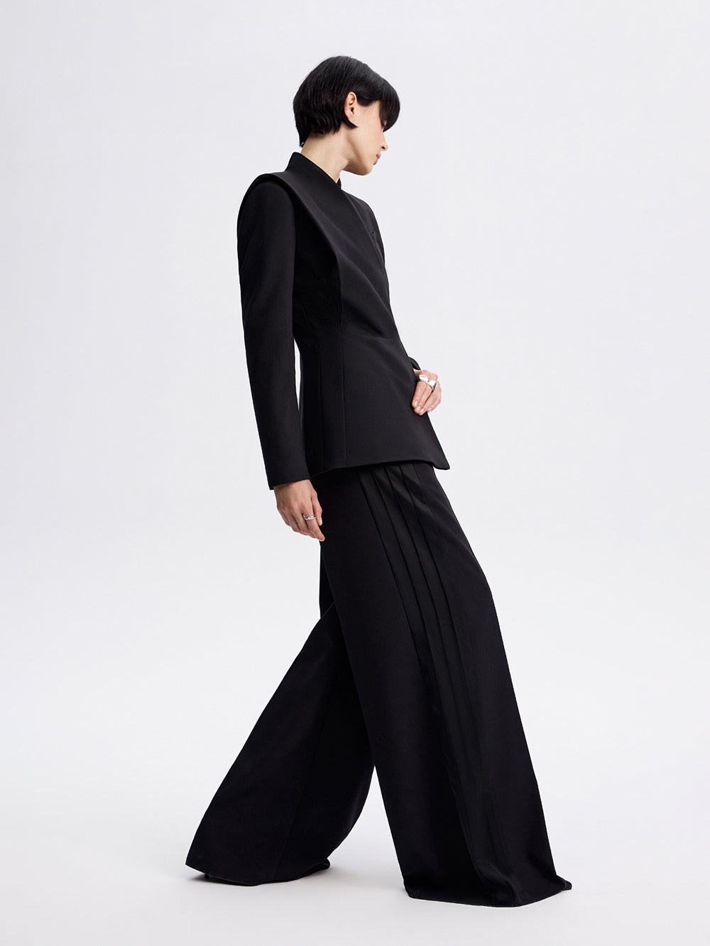 PRAS satin stripe palazzo trousers, side with jacket