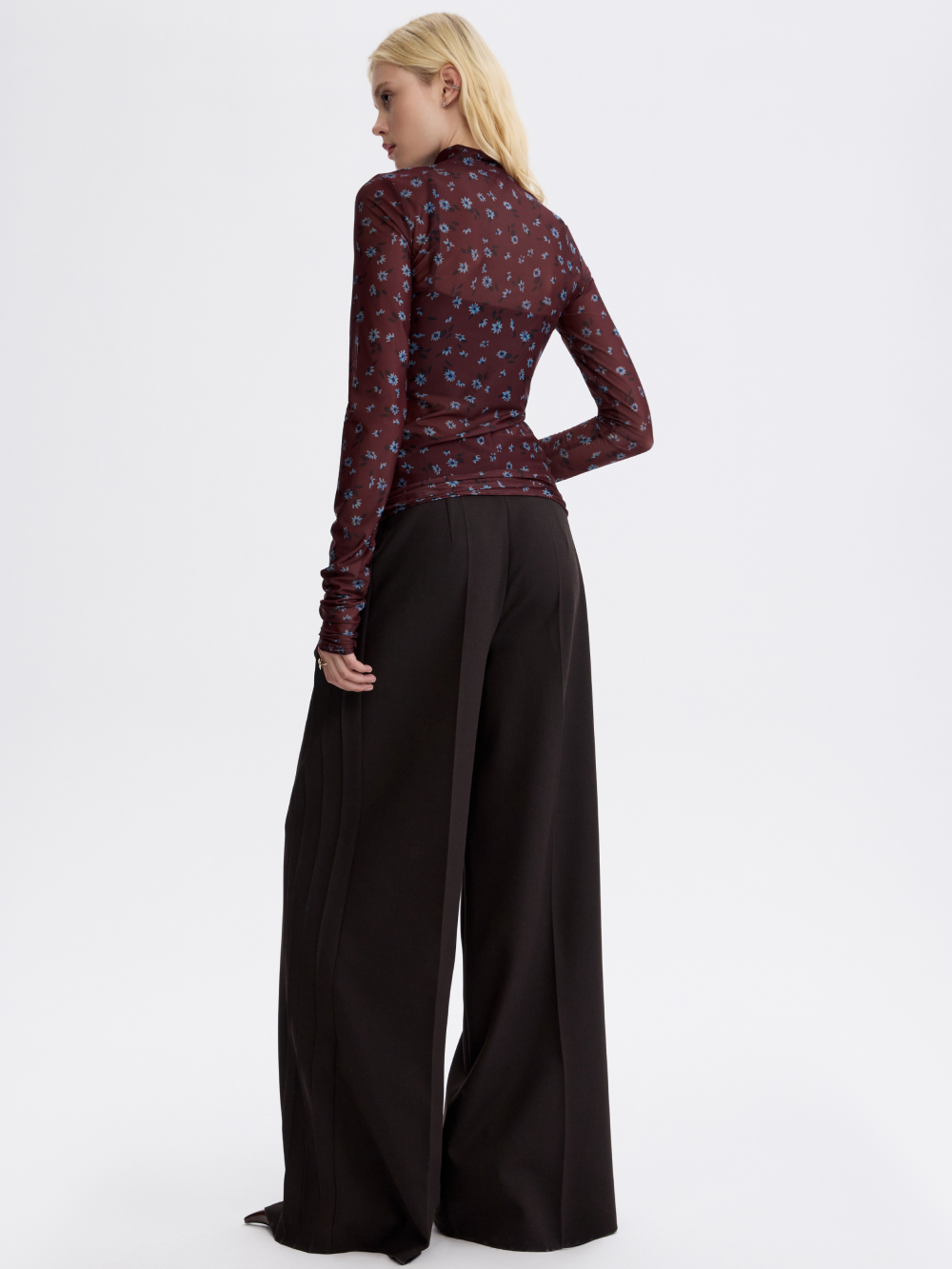 PRAS printed mesh top in brown floral, back, full length