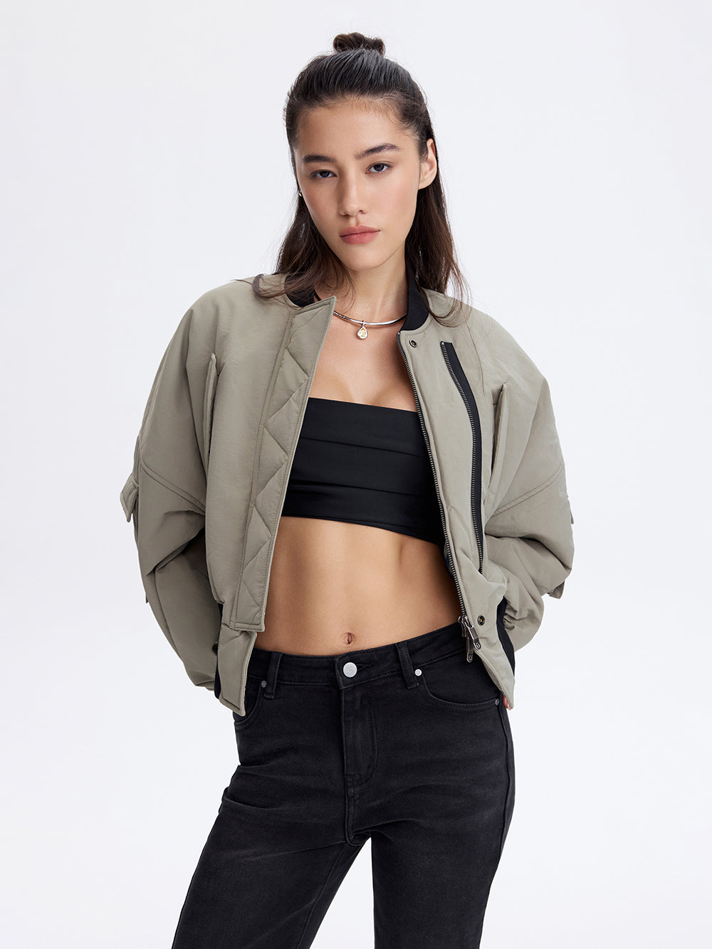 Cropped Bomber Jacket — Olive
