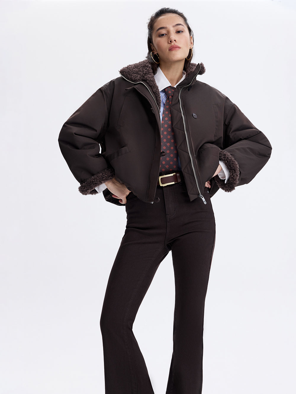 Faux Shearling Trim Jacket — Dark Brown