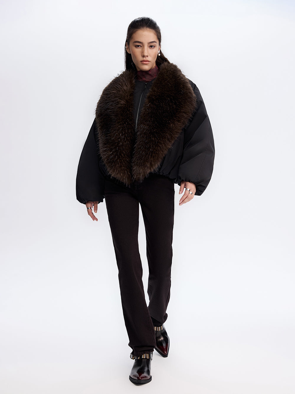 Faux Fur Trim Bomber Jacket — Black
