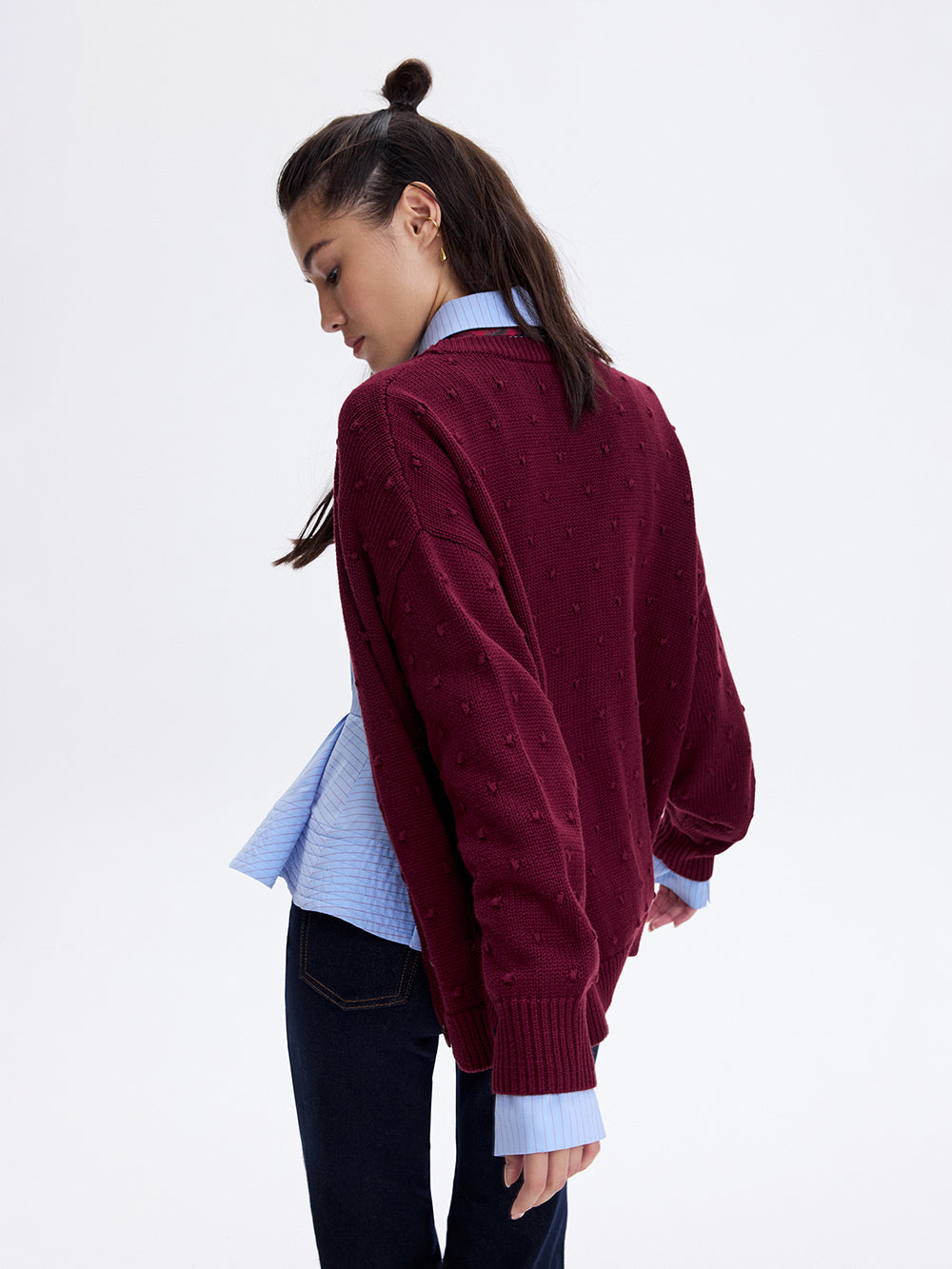 Textured Cotton Cardigan — Burgundy
