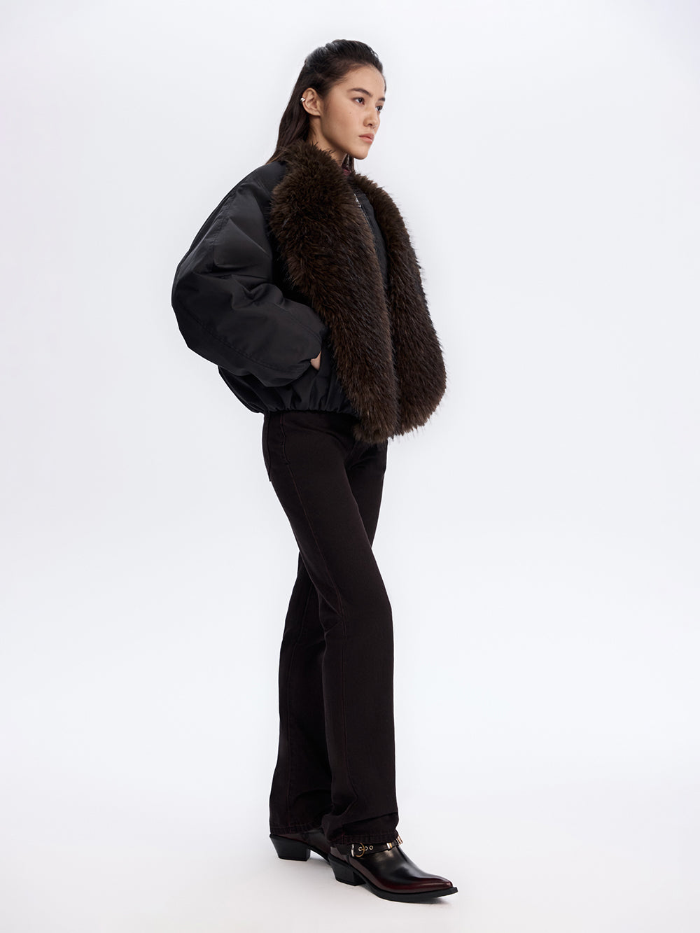 Faux Fur Trim Bomber Jacket — Black