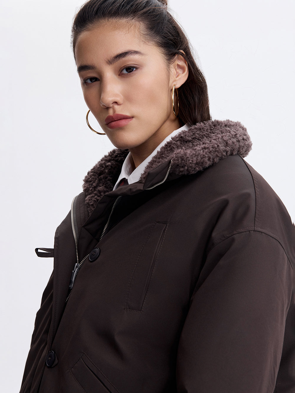 Faux Shearling Trim Jacket — Dark Brown