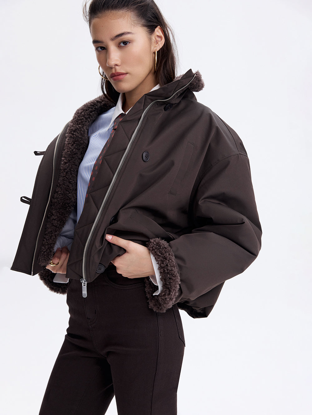 Faux Shearling Trim Jacket — Dark Brown
