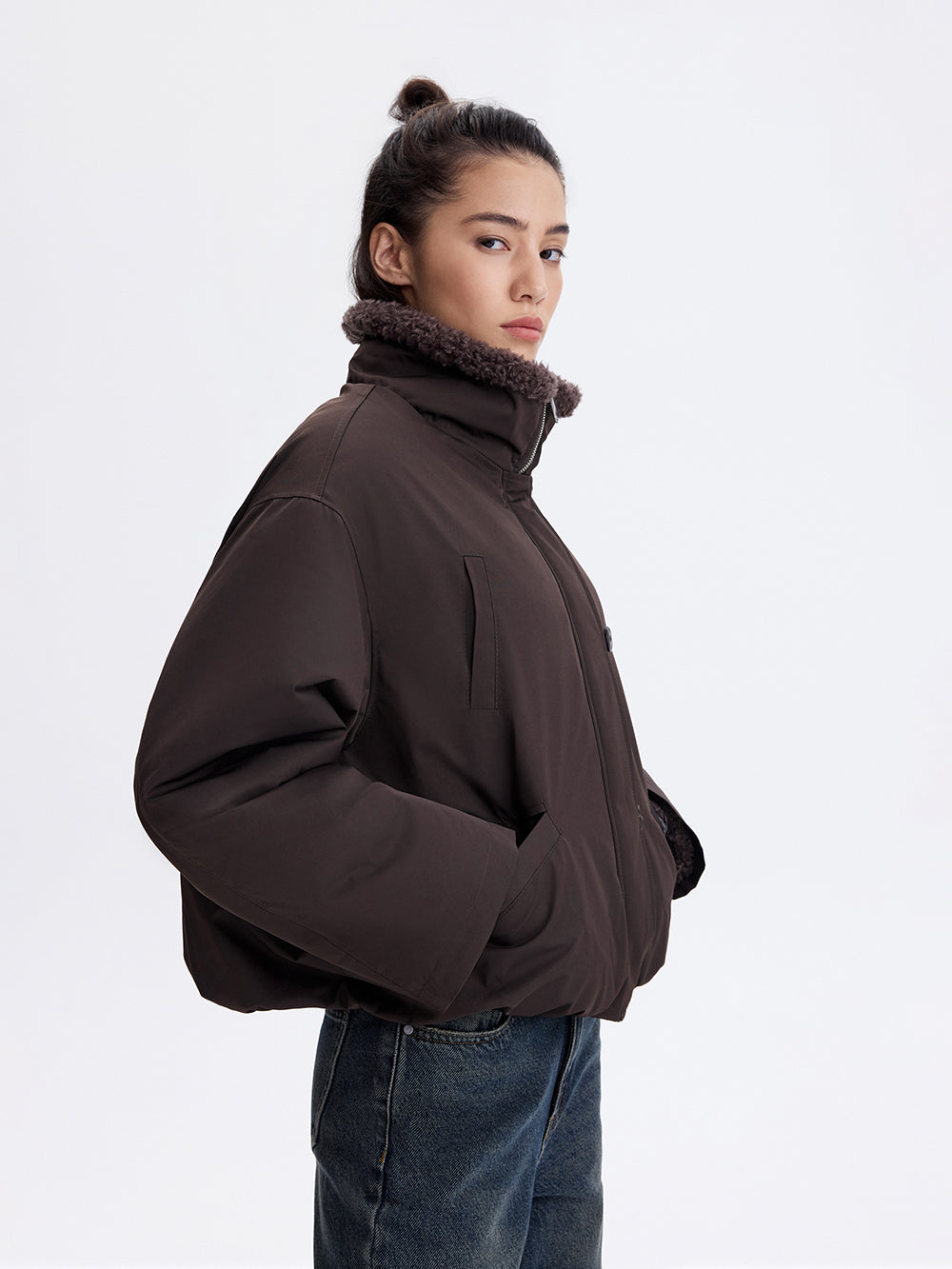 Faux Shearling Trim Jacket — Dark Brown