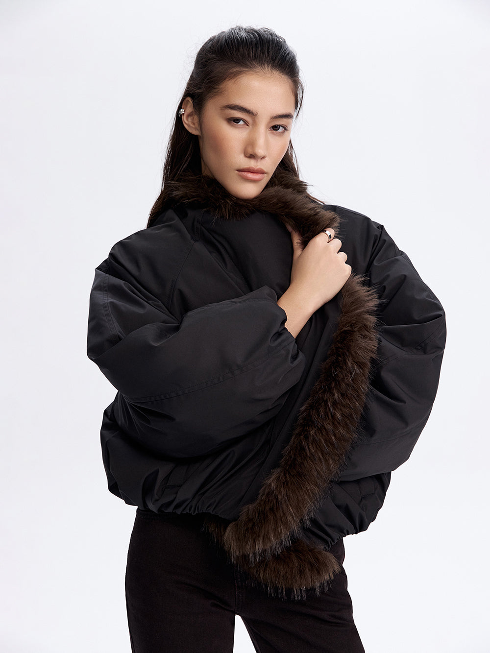 Faux Fur Trim Bomber Jacket — Black