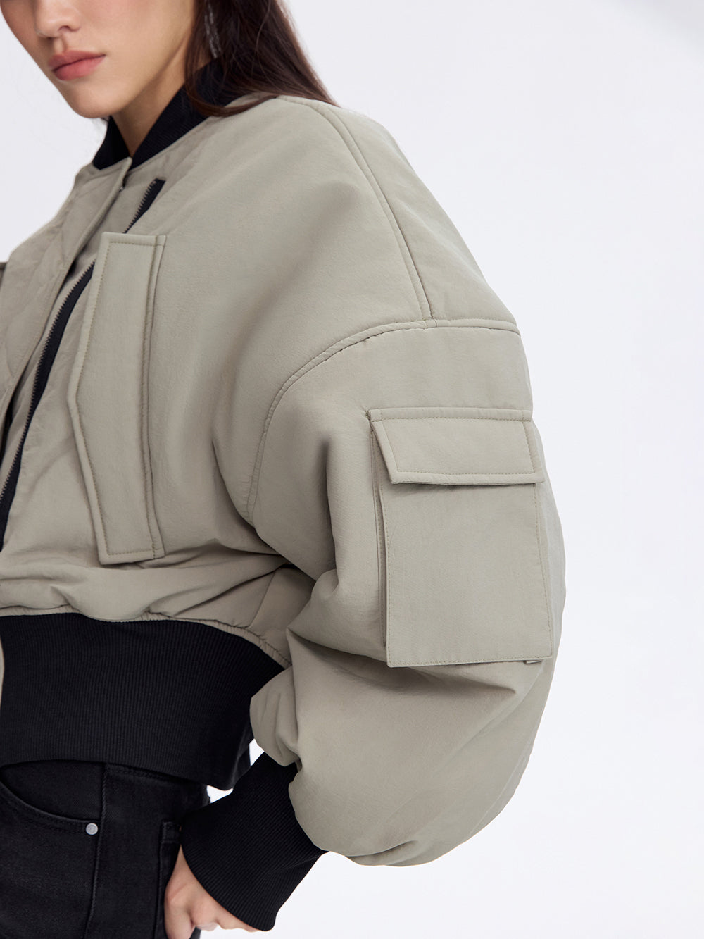 Cropped Bomber Jacket — Olive