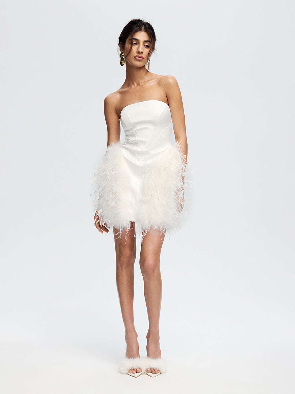PRAS feather bustier dress, front