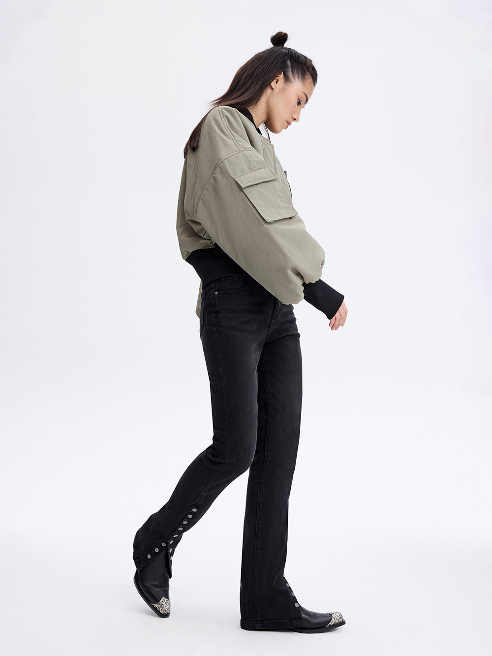 Cropped Bomber Jacket — Olive