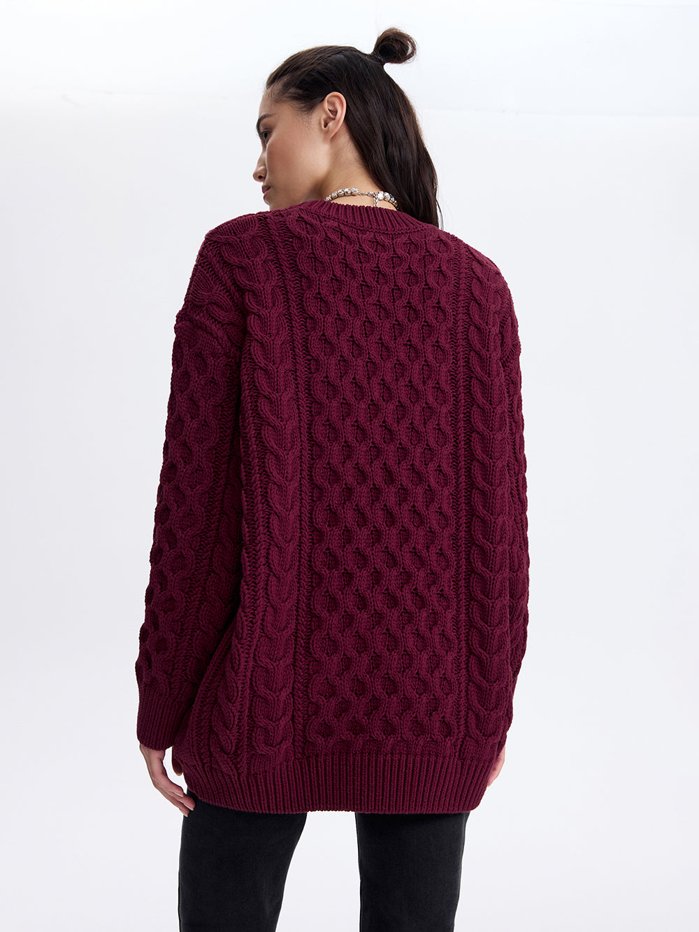Cable Knit Longline Sweater — Burgundy