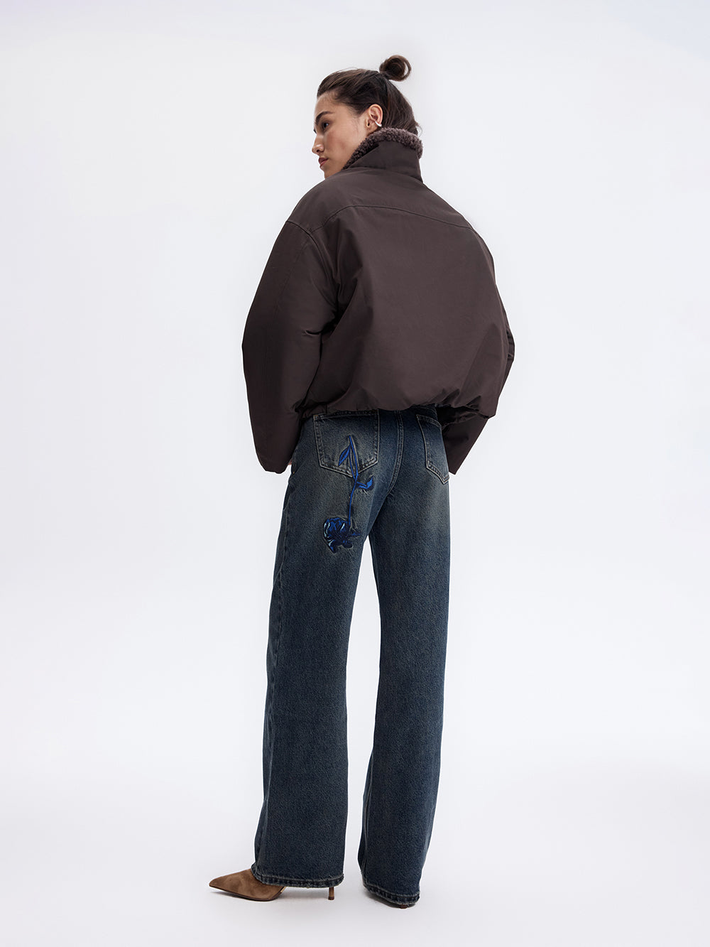 Faux Shearling Trim Jacket — Dark Brown