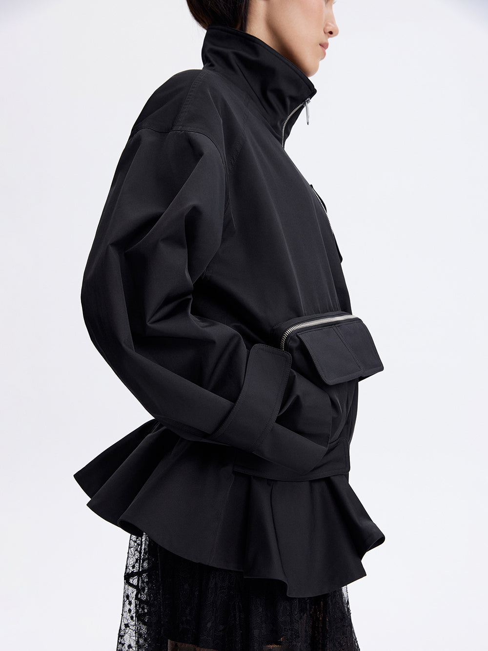 Zip-Pocket Ruffle Jacket — Black