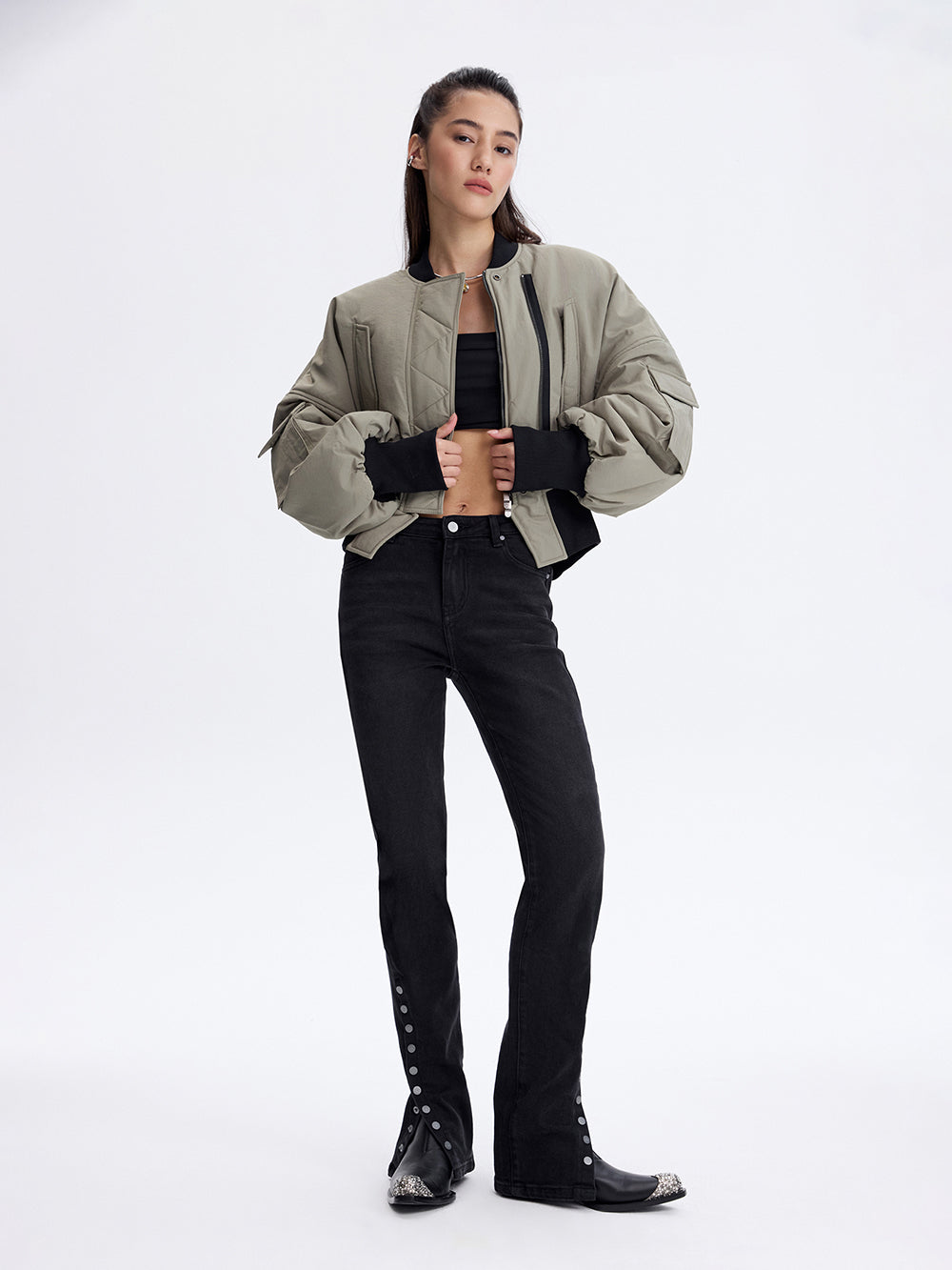 Cropped Bomber Jacket — Olive