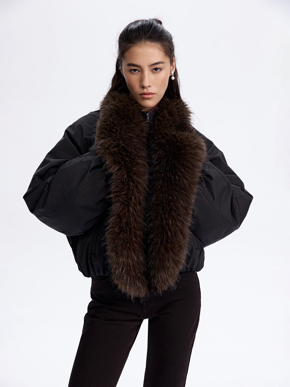 Faux Fur Trim Bomber Jacket — Black