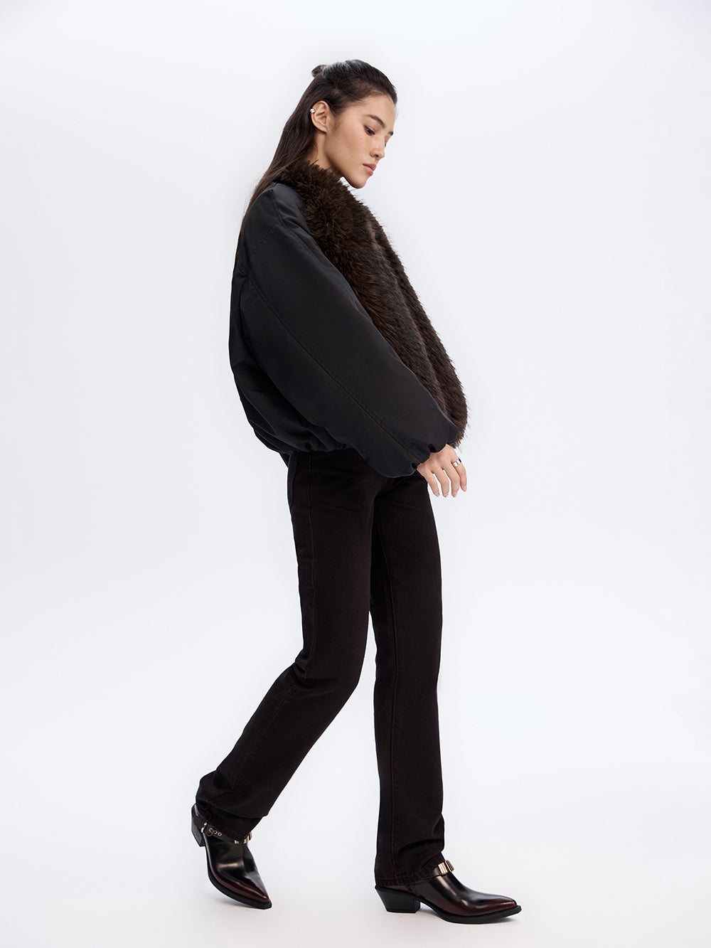 Faux Fur Trim Bomber Jacket — Black