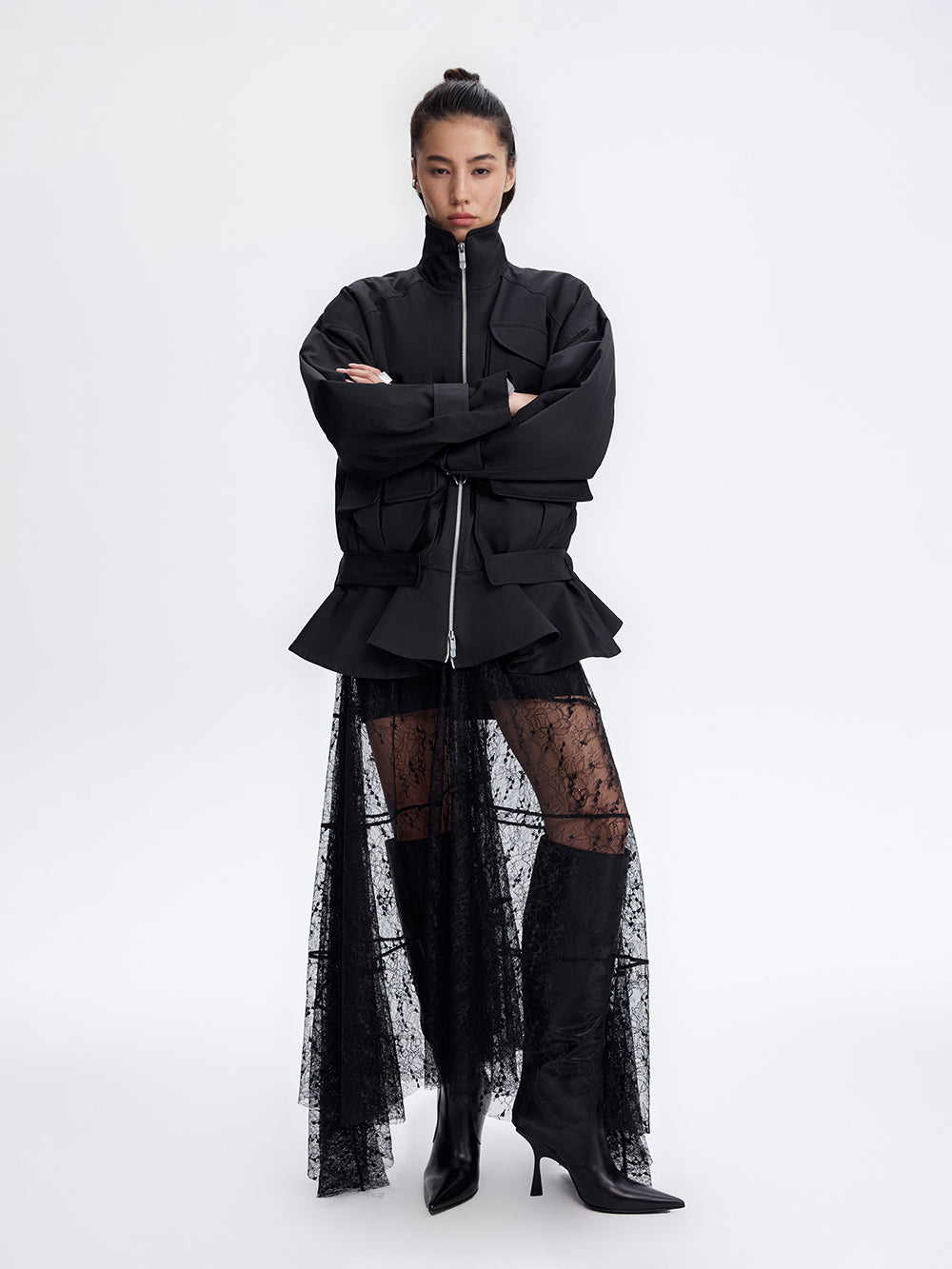 Zip-Pocket Ruffle Jacket — Black