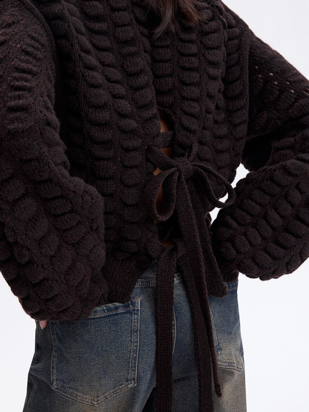 Lace-Up Back Wool Sweater — Chocolate