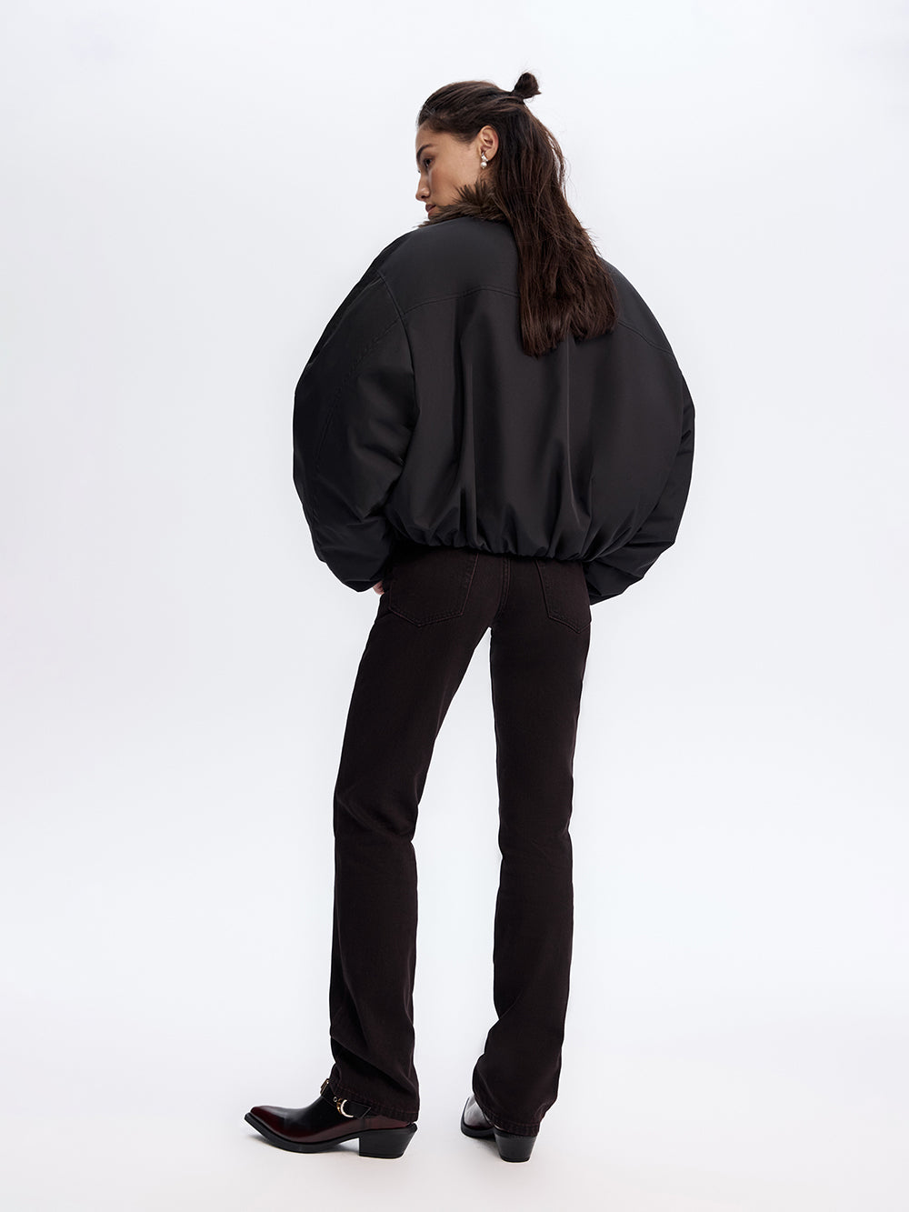 Faux Fur Trim Bomber Jacket — Black