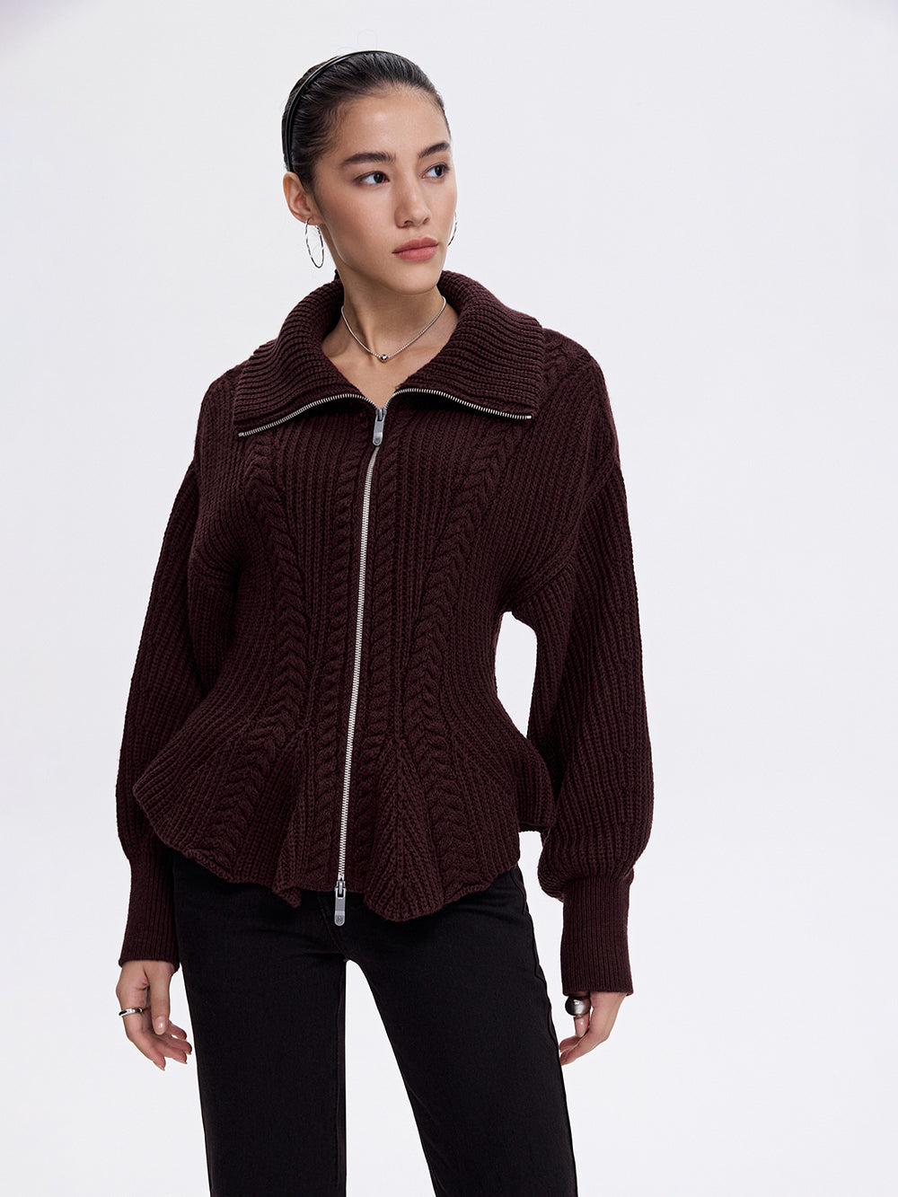 Zip-Front Peplum Sweater — Dark Burgundy