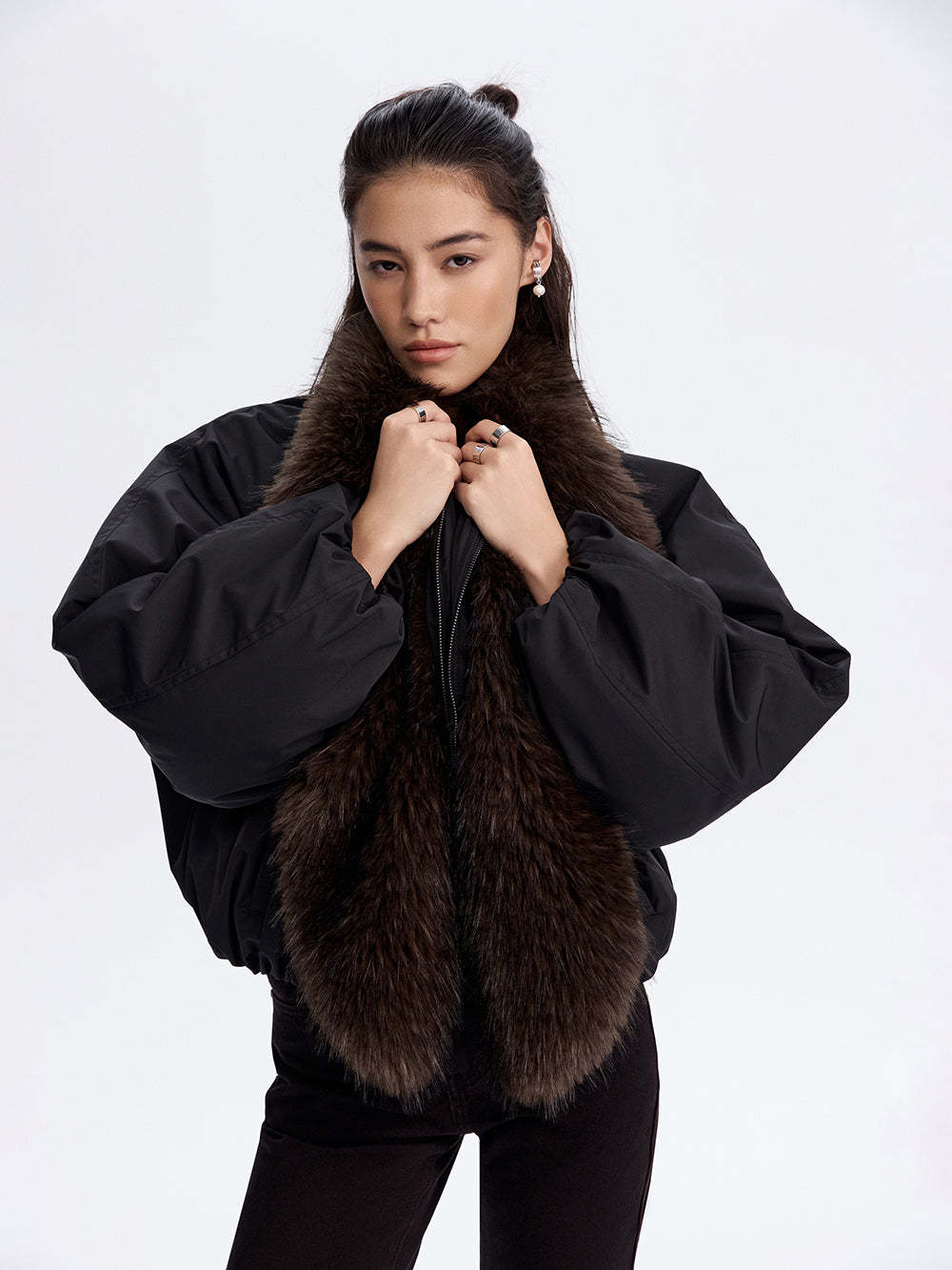 Faux Fur Trim Bomber Jacket — Black