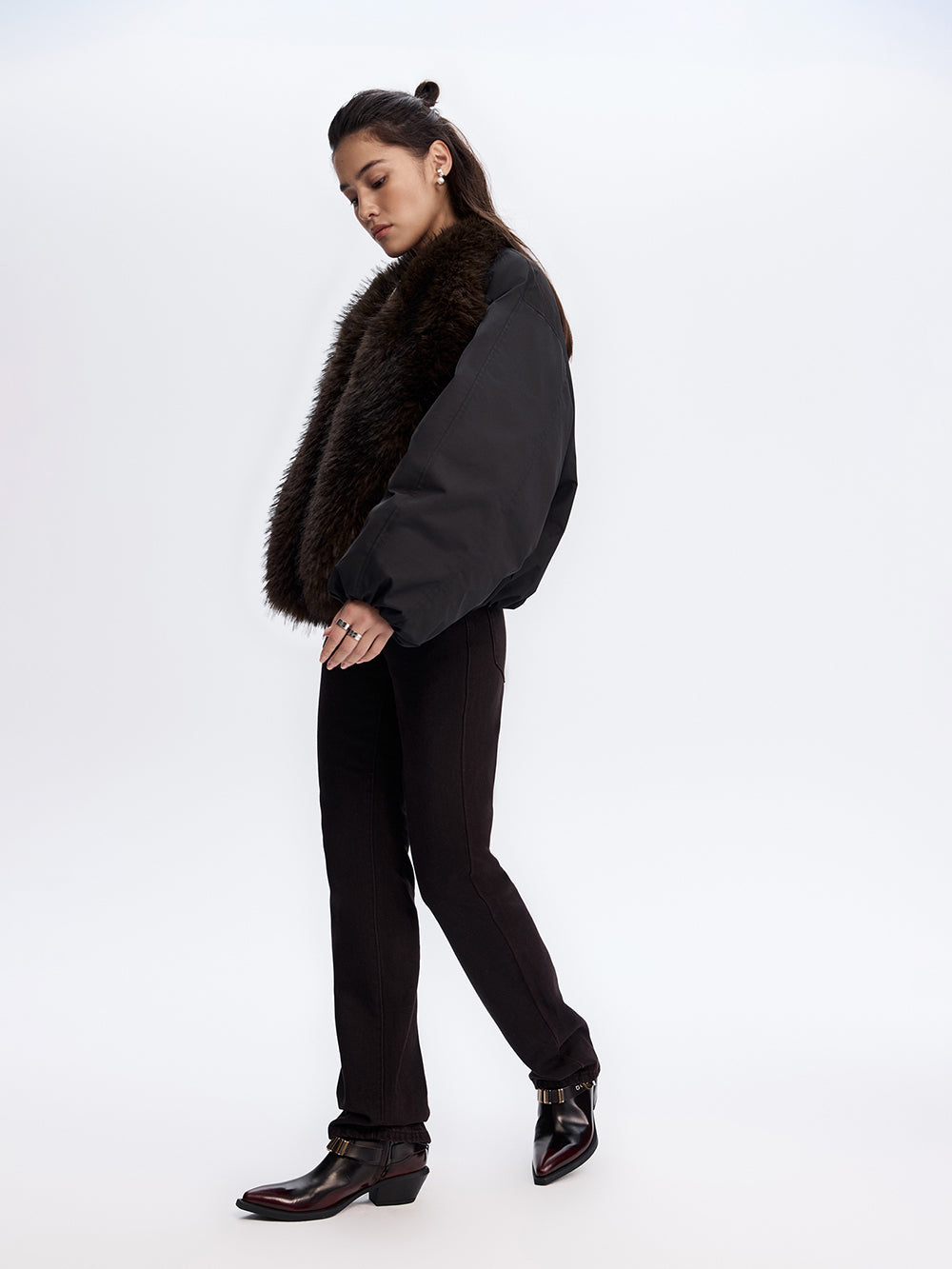 Faux Fur Trim Bomber Jacket — Black