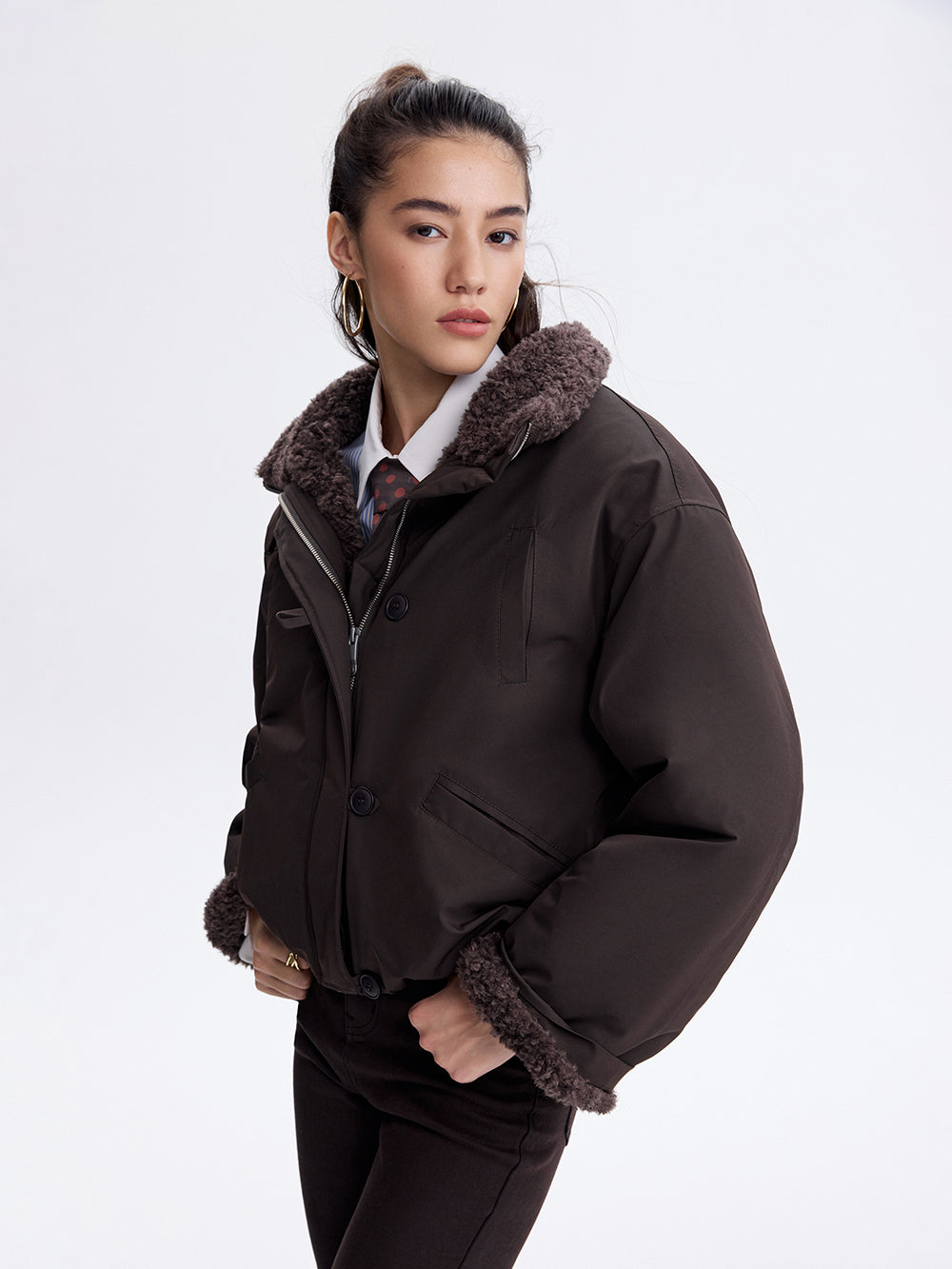 Faux Shearling Trim Jacket — Dark Brown