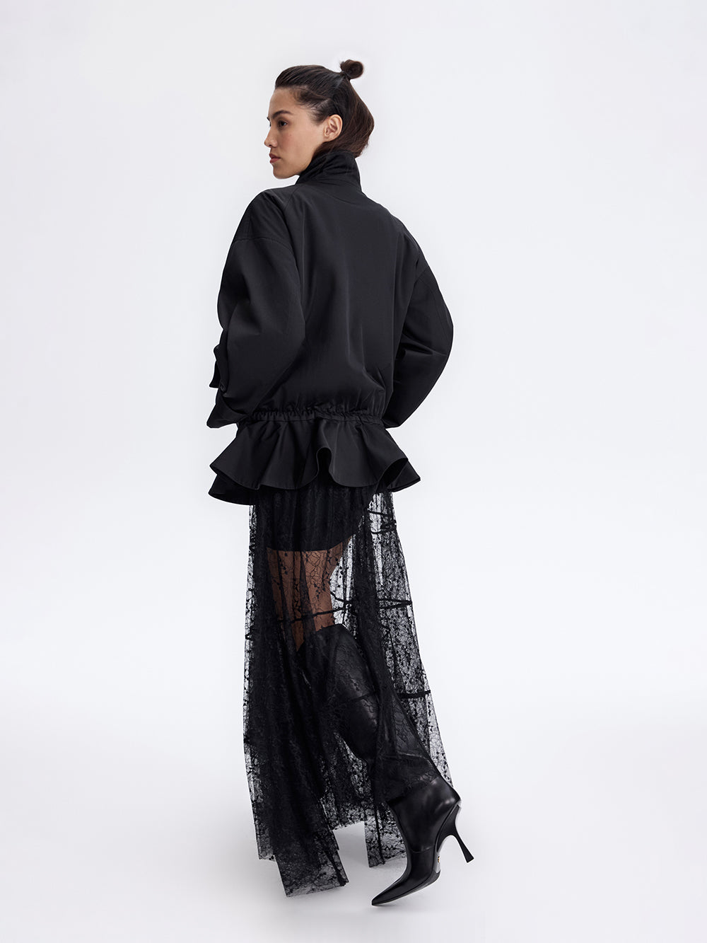 Zip-Pocket Ruffle Jacket — Black
