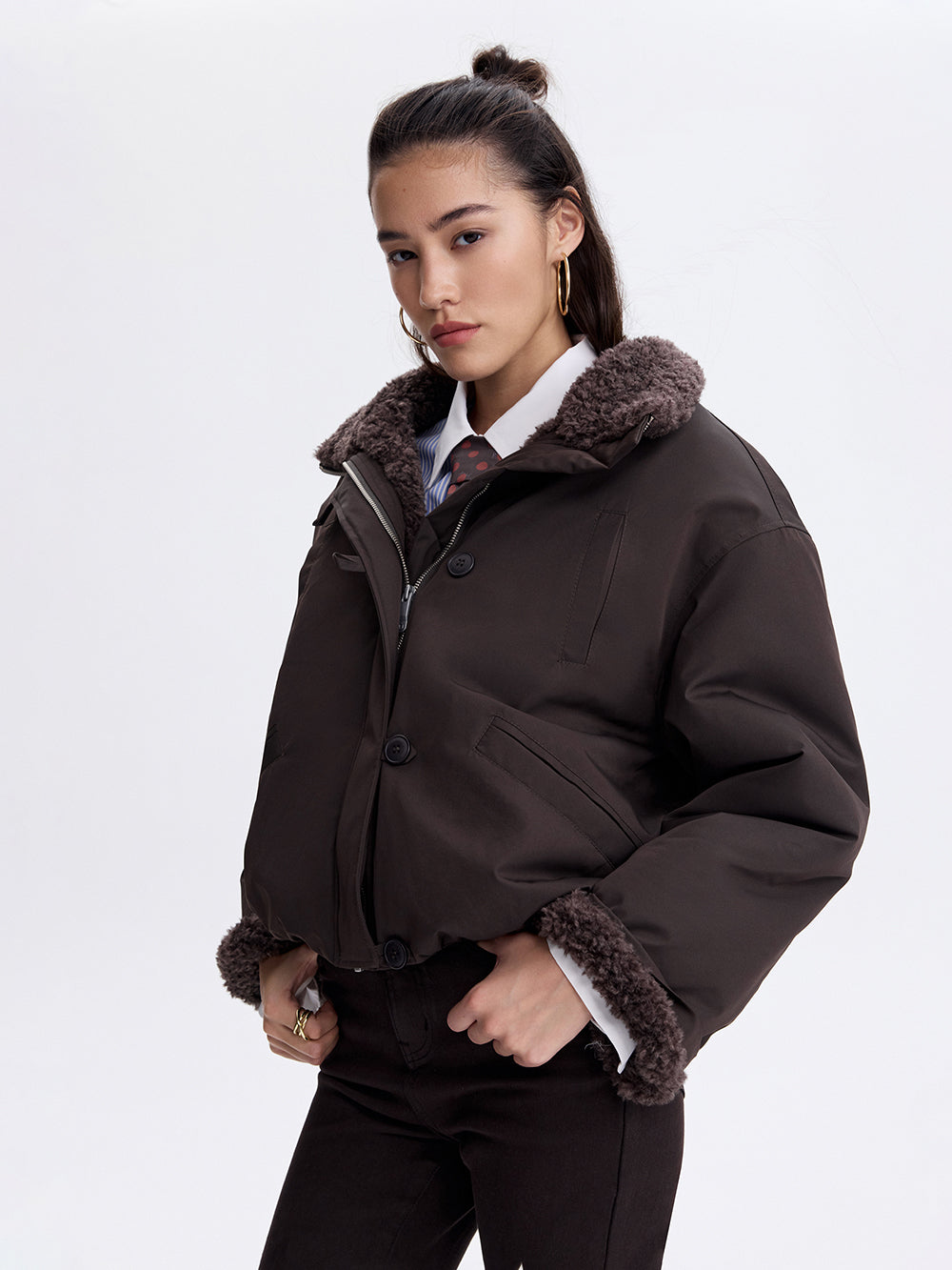 Faux Shearling Trim Jacket — Dark Brown