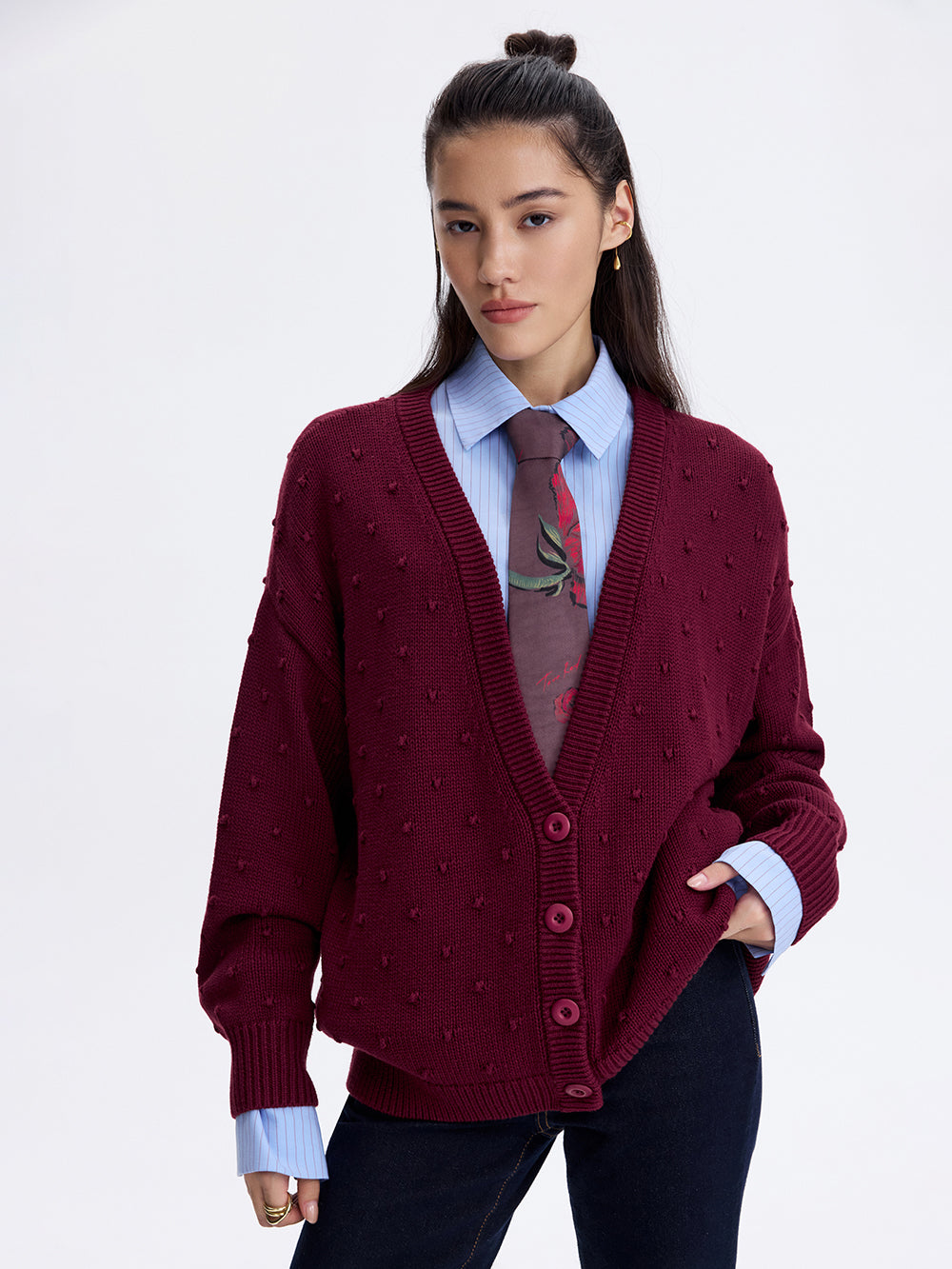 Textured Cotton Cardigan — Burgundy
