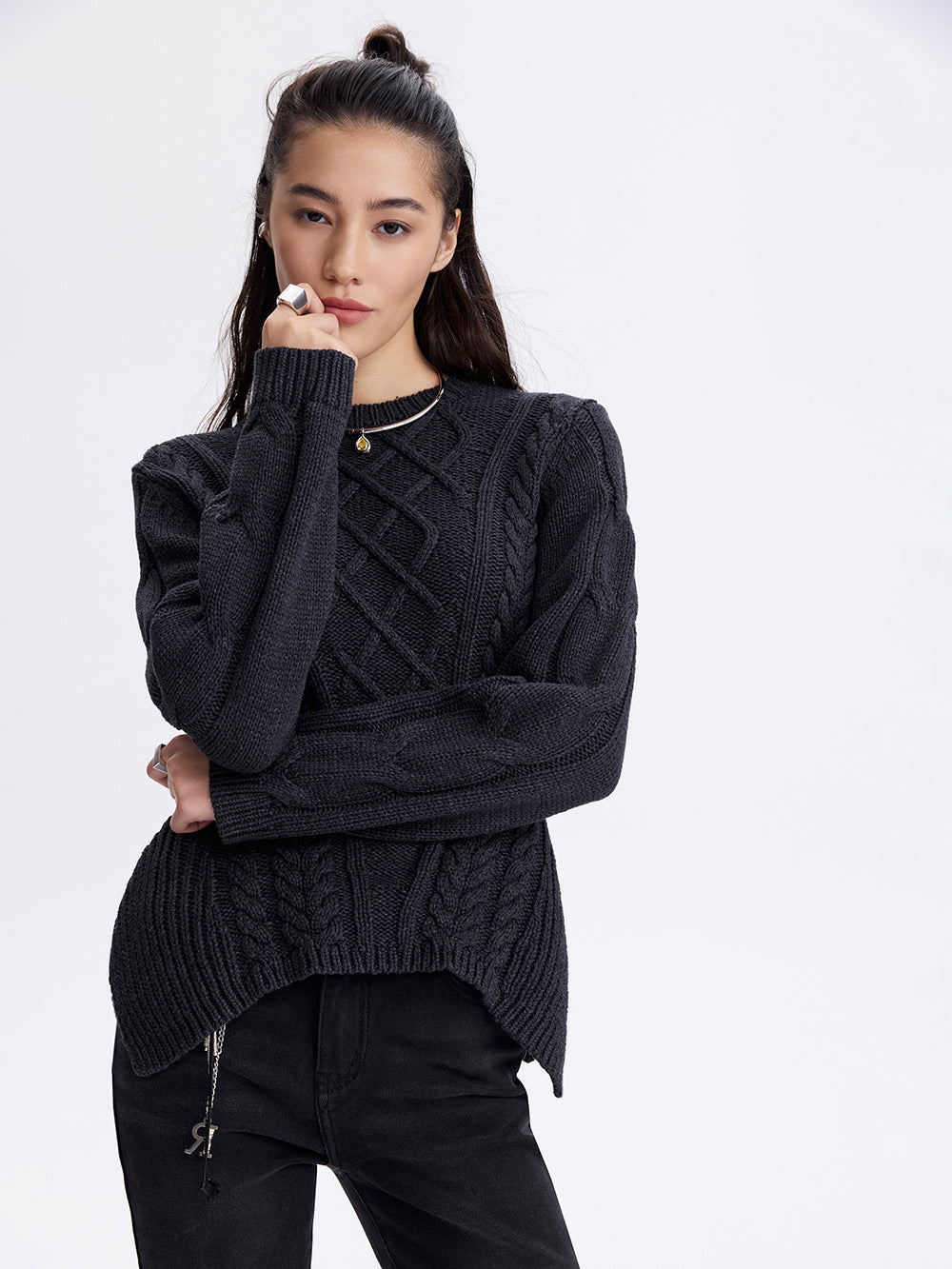 Cable Knit Peplum Sweater — Dark Grey