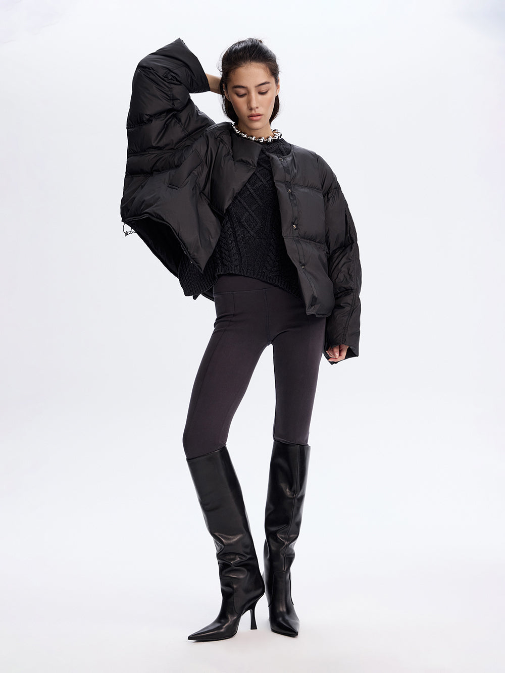 Snap-Front Puffer Jacket — Black