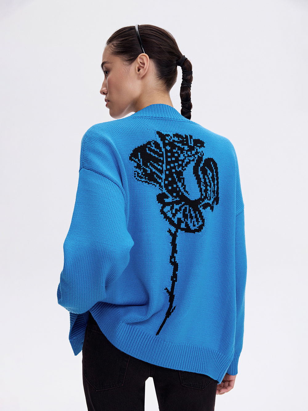 Rose Back Merino Cardigan — Light Blue