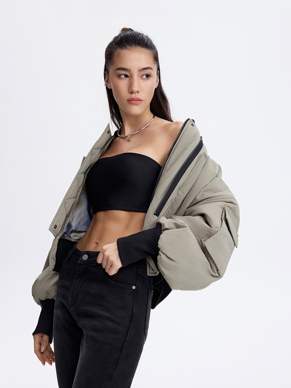 Cropped Bomber Jacket — Olive