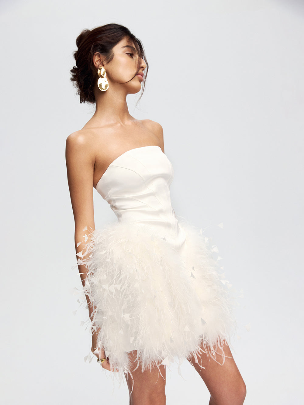 PRAS feather bustier dress, three-quarter