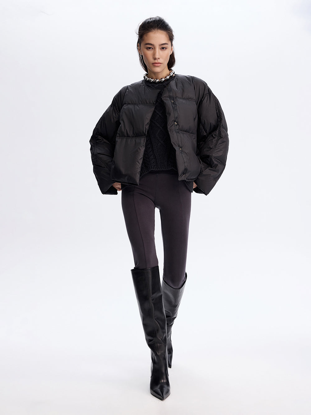 Snap-Front Puffer Jacket — Black