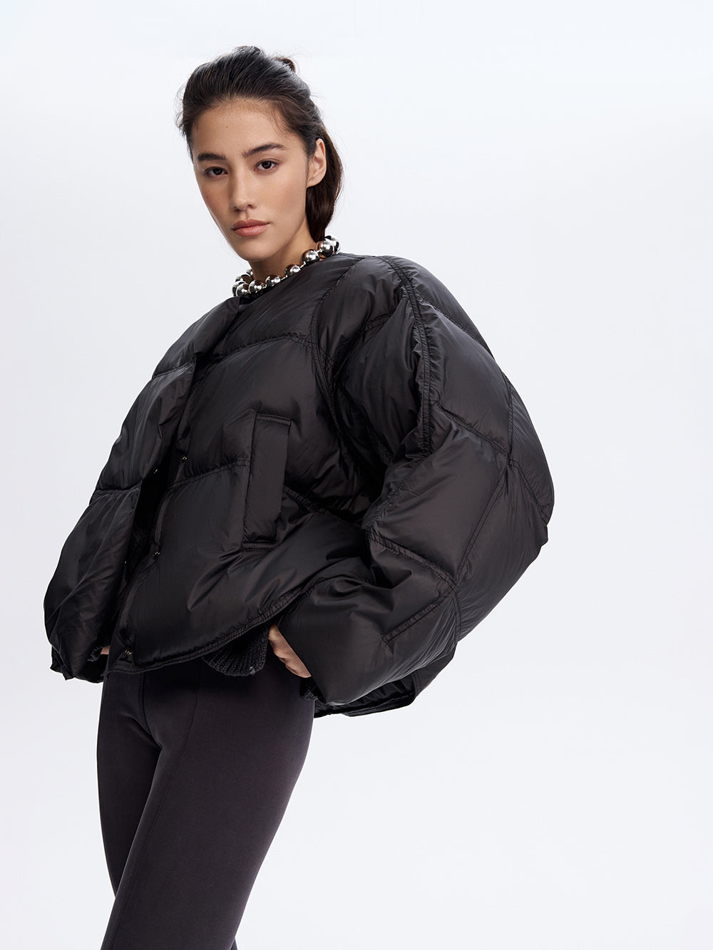 Snap-Front Puffer Jacket — Black