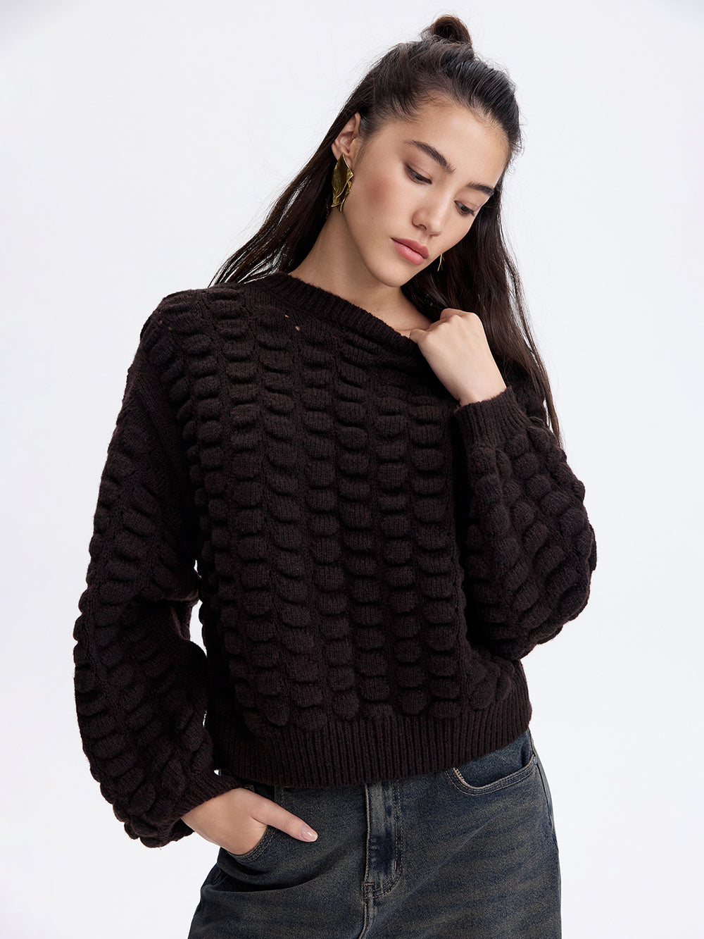 Lace-Up Back Wool Sweater — Chocolate