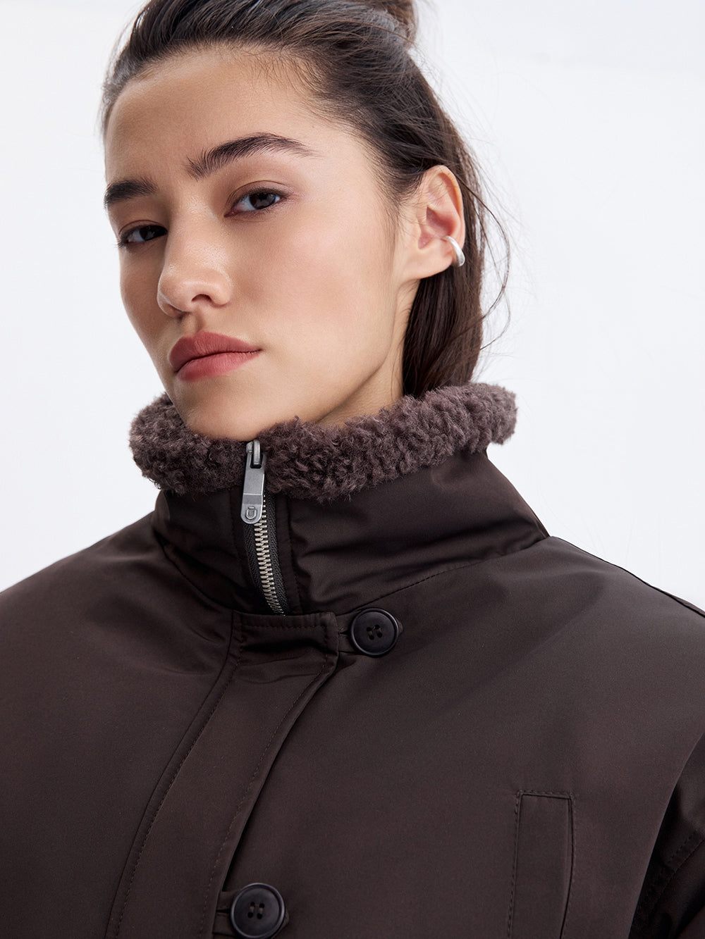Faux Shearling Trim Jacket — Dark Brown