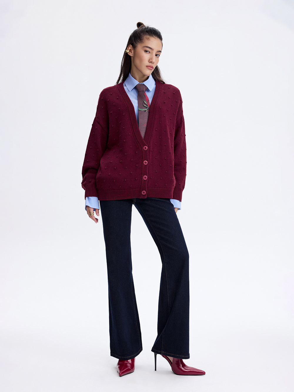 Textured Cotton Cardigan — Burgundy