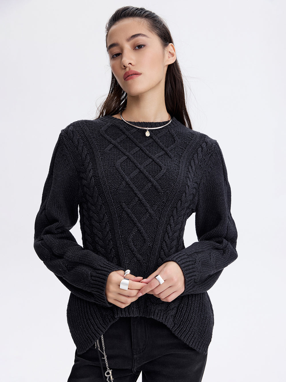 Cable Knit Peplum Sweater — Dark Grey